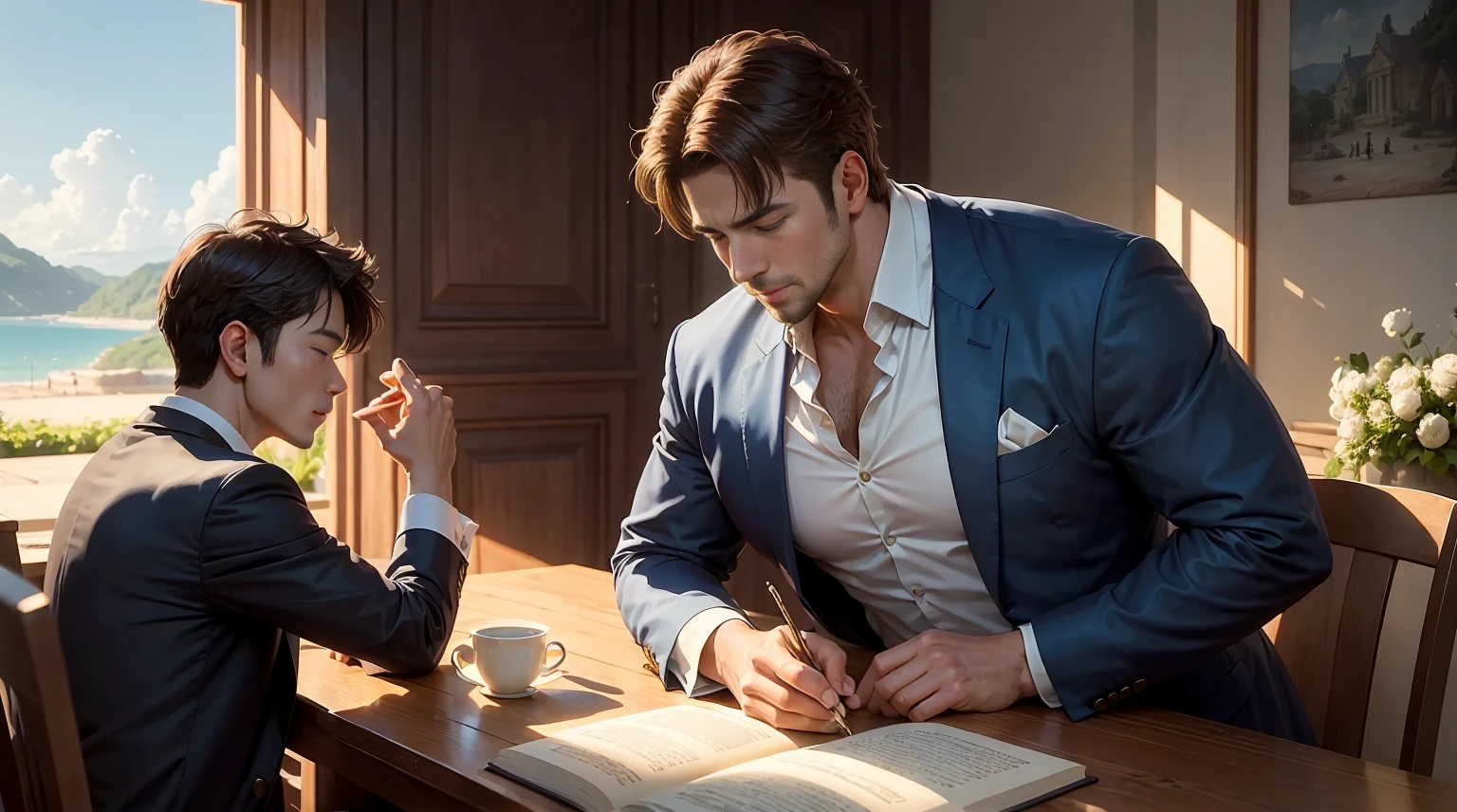 クリスプスを抱き上げるConstantine the Great、The scene depicts a father and son filled with happiness.。He is tall with broad shoulders and a thick neck.、It gives off a lion-like gaze.。His bright and sharp eyes、It shows that he cares about his young son.。
In the background of Pula、Qing々The bright blue sky and the blue sea are spreading out。This place is illuminated by the golden morning sun、symbolizes that they are blessed。This elegant villa、It creates a lyrical and masterpiece atmosphere.、Has a super high quality atmosphere。
This scene is、Past life redemption and healing、It expresses rebirth and eternal bonds.。Constantine the Great、He is known as a hardworking and talented businessman.、The way he hugs his son、shows he is a happy father。彼らの情愛はQing々Or、that bond is forever。This landscape is、full of warmth and happiness、It will soothe the hearts of the viewers.。