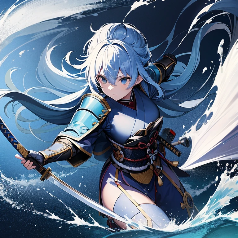 a female samurai with blue armor holding a sword in her right hand standing in rushing water