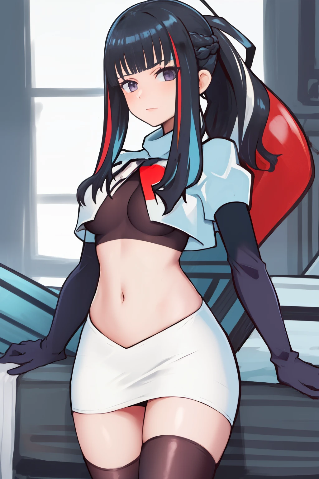 best quality, masterpiece, highres, solo, {tlaloc_fgo:1.15}, bangs, black_hair, blue_hair, multicolored_hair, long_hair, hat, breasts, jewelry, streaked_hair, black_eyes, 1girl, hair_ornament, looking_at_viewer, two-tone_hair, ponytail, makeup, team rocket,team rocket uniform,white skirt,red letter R,crop top,black thigh-highs,black elbow gloves,