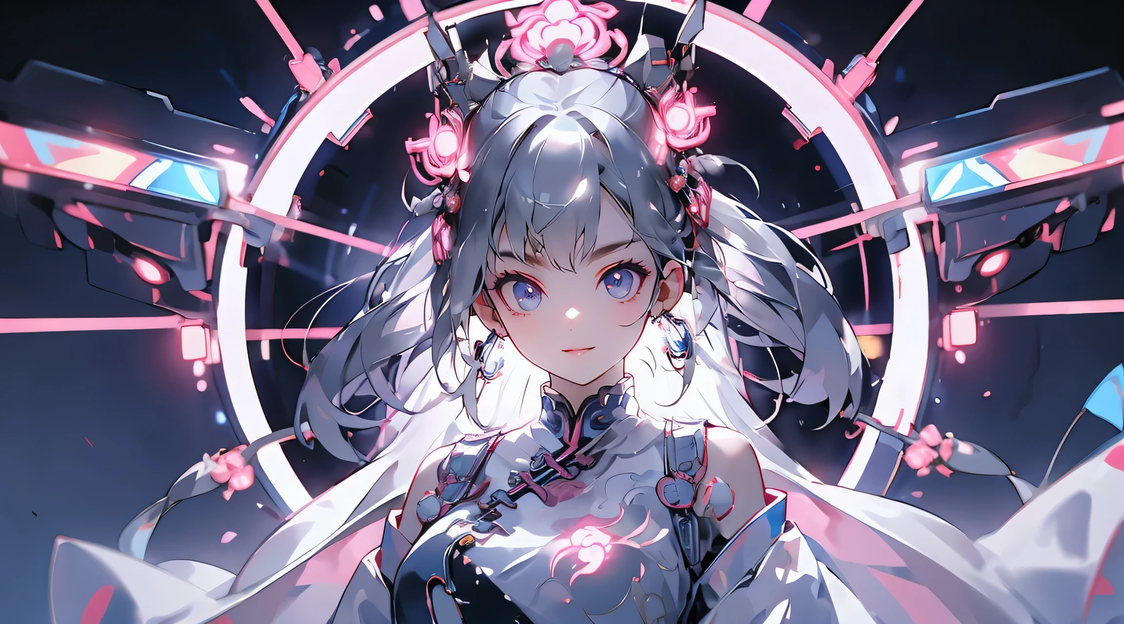 masterpiece, best quality, perfect slim fit body, thick thighs, nice breasts, Chinese_clothes, liquid silver and pink, cyberhanfu, cheongsam, cyberpunk city, dynamic pose, glowing headphones, glowing hair accessories, long hair, glowing earrings, glowing necklace, cyberpunk, high-tech city, full of mechanical and futuristic elements, futuristic, technology, glowing neon, pink, pink light, transparent tulle, transparent streamers, laser, digital background sky, big moon, with vehicles, best quality, masterpiece, 8K, character edge light, Super high detail, high quality, the most beautiful woman in human beings, smiling slightly, face facing front and left and right symmetry, ear decoration, beautiful pupil light effects, visual data, silver-white hair, hair is not messy, long hair over the waist, luminous electronic watch, deep eyes, happy, English doodling