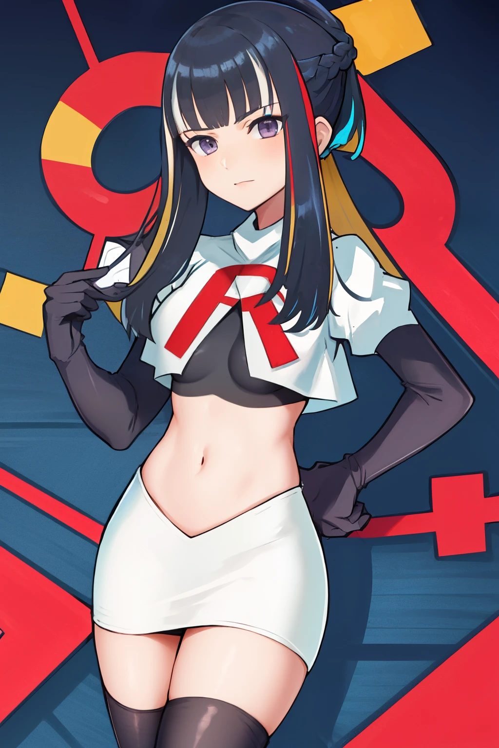 best quality, masterpiece, highres, solo, {tlaloc_fgo:1.15}, bangs, black_hair, blue_hair, multicolored_hair, long_hair, hat, breasts, jewelry, streaked_hair, black_eyes, 1girl, hair_ornament, looking_at_viewer, two-tone_hair, ponytail, makeup, team rocket,team rocket uniform,white skirt,red letter R,crop top,black thigh-highs,black elbow gloves,