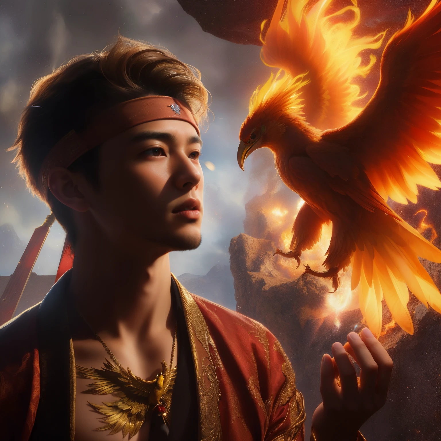 ((Perfectly insane textured)), ((Perfect proportional object arcithecture)), ((Perfect photo)), ((Super ekstremely detiled)), ((best quality)), ((masterpiece)), (bright face), arafed man with a bird on his head and a smokey background, ross tran and michael whelan, phoenix warrior, marco the phoenix, ross tran and bayard wu, inspired by Rudy Siswanto, ross tran 8 k, edgar maxence and ross tran, phoenix rising, wlop and ross tran, fiery bird, phoenix-inspired