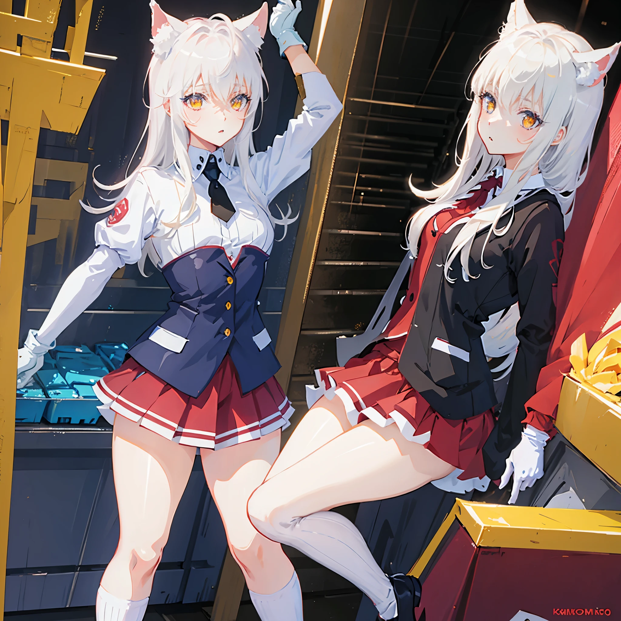 1 Girl standing in a train, 5 ft height, absurdly long hair, pure white hair, pretty face, absurdly gigantic breasts, huge ass, huge thighs, Japanese, Japanese high school uniform, shirt too tight around chest area, skirt short, black thigh high socks, smiling lustfully, red eyes, showing off panties, 1 girl, narrow waist, small stomach, breast spilling out of shirt, fox girl with 9 tails,8k resolution