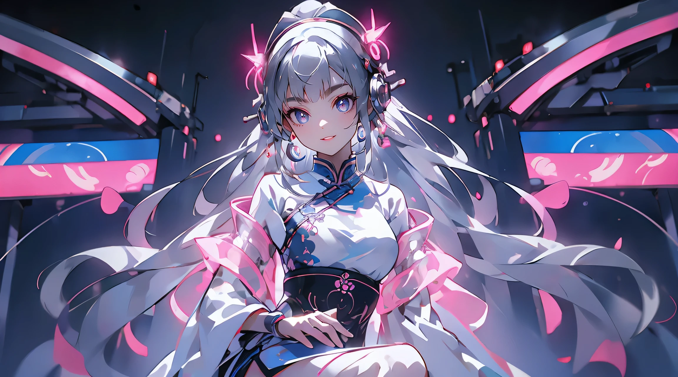 masterpiece, best quality, perfect slim fit body, thick thighs, nice breasts, Chinese_clothes, liquid silver and pink, cyberhanfu, cheongsam, cyberpunk city, dynamic pose, glowing headphones, glowing hair accessories, long hair, glowing earrings, glowing necklace, cyberpunk, high-tech city, full of mechanical and futuristic elements, futuristic, technology, glowing neon, pink, pink light, transparent tulle, transparent streamers, laser, digital background sky, big moon, with vehicles, best quality, masterpiece, 8K, character edge light, Super high detail, high quality, the most beautiful woman in human beings, smiling slightly, face facing front and left and right symmetry, ear decoration, beautiful pupil light effects, visual data, silver-white hair, hair is not messy, long hair over the waist, luminous electronic watch, deep eyes, happy, English doodling