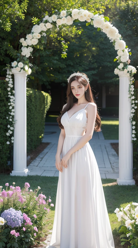 a beautiful woman in a white dress standing in front of a flowered arch, angelawhite, viktoria gavrilenko, violet myers, lovely woman, anna nikonova aka newmilky, serena malyon, alina ivanchenko, ekaterina, in white clothes, kailee mandel, yelena belova, russian girlfriend