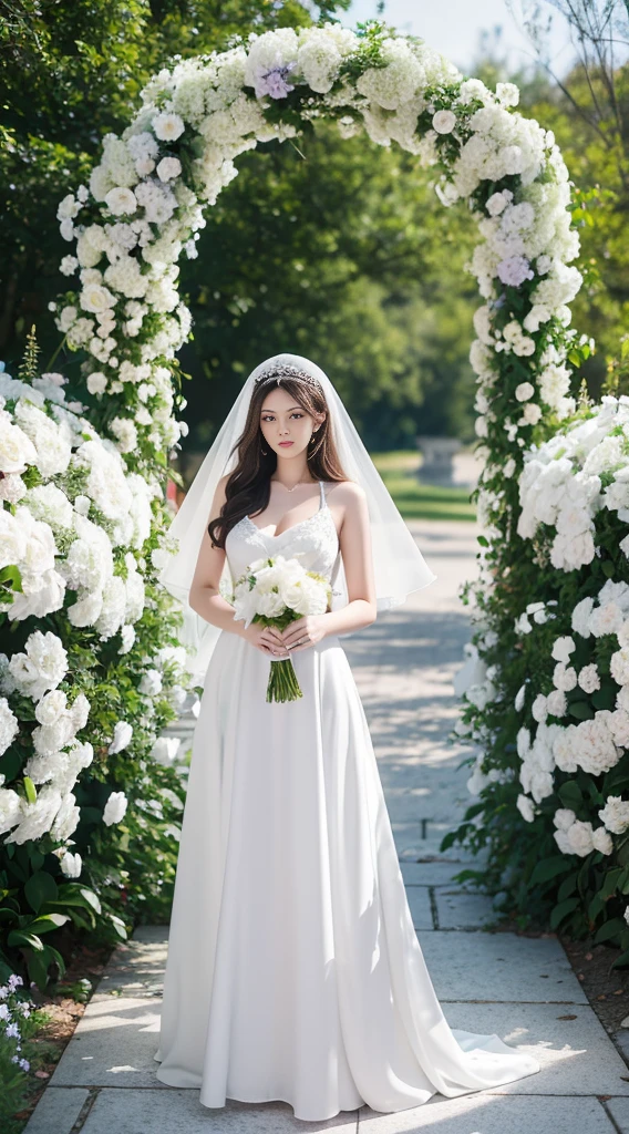 a beautiful woman in a white dress standing in front of a flowered arch, angelawhite, viktoria gavrilenko, violet myers, lovely woman, anna nikonova aka newmilky, serena malyon, alina ivanchenko, ekaterina, in white clothes, kailee mandel, yelena belova, russian girlfriend