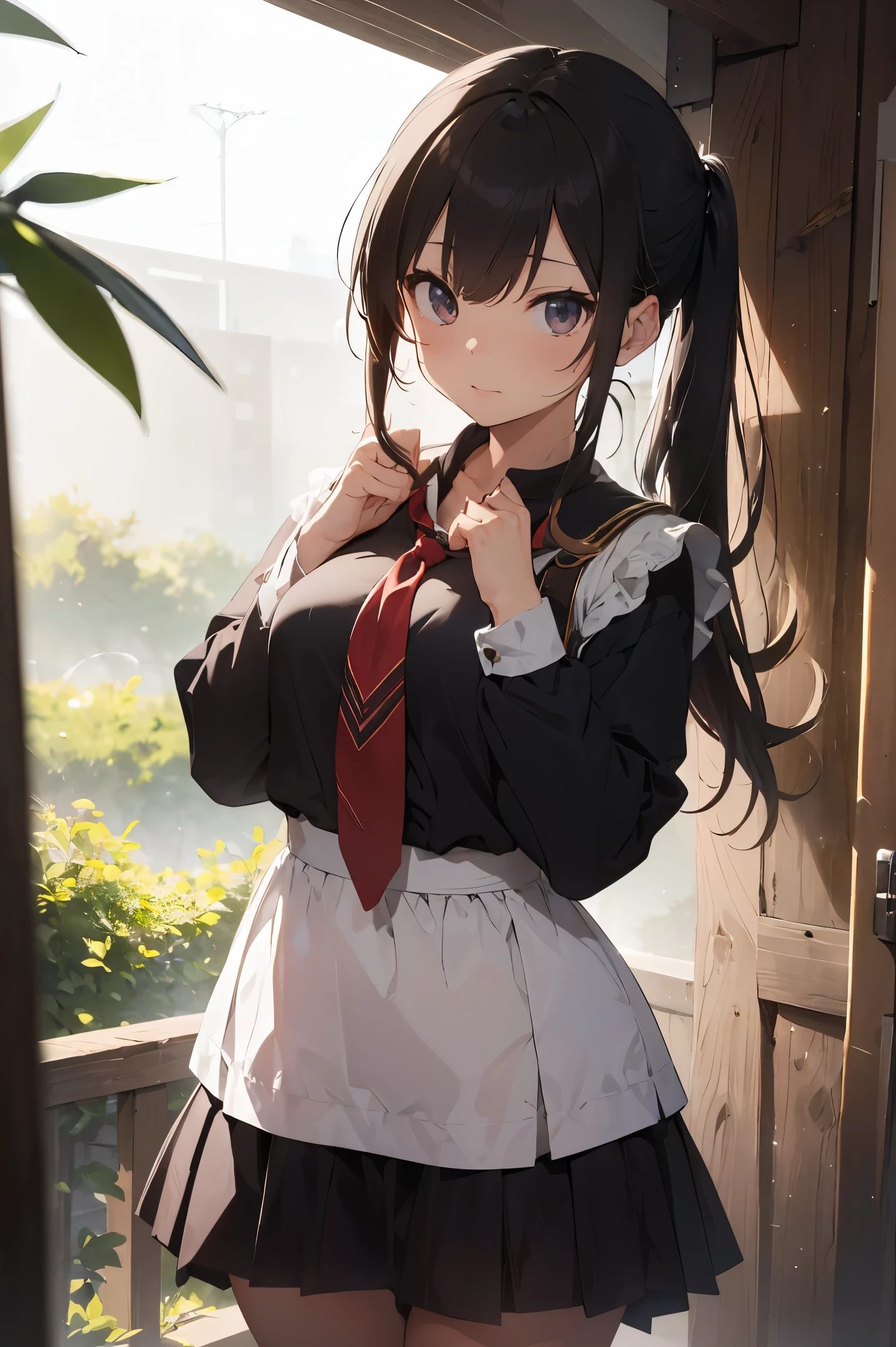 ((best quality)), ((masterpiece)), (detailed), , black skirt, dark brown hair, ponytail, long bangs, medium breasts, red eyes, hair ornament, golden earrings, pantyshot, white panties, standing,