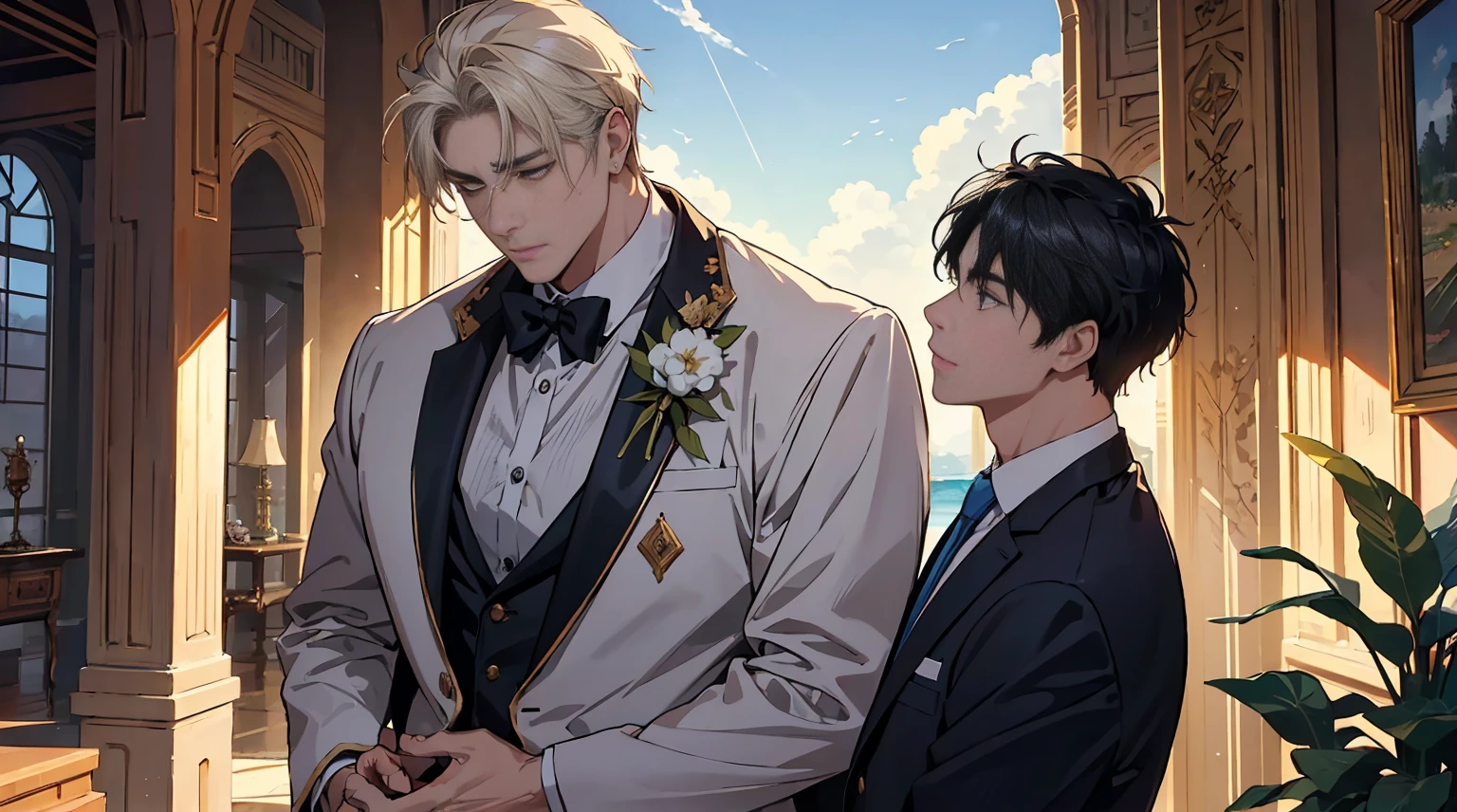 クリスプスを抱き上げるConstantine the Great、The scene depicts a father and son filled with happiness.。He is tall with broad shoulders and a thick neck.、It gives off a lion-like gaze.。His bright and sharp eyes、It shows that he cares about his young son.。

In the background of Pula、Qing々The bright blue sky and the blue sea are spreading out。This place is illuminated by the golden morning sun、symbolizes that they are blessed。This elegant villa、It creates a lyrical and masterpiece atmosphere.、Has a super high quality atmosphere。

This scene is、Past life redemption and healing、It expresses rebirth and eternal bonds.。Constantine the Great、He is known as a hardworking and talented businessman.、The way he hugs his son、shows he is a happy father。彼らの情愛はQing々Or、that bond is forever。This landscape is、full of warmth and happiness、It will soothe the hearts of the viewers.。