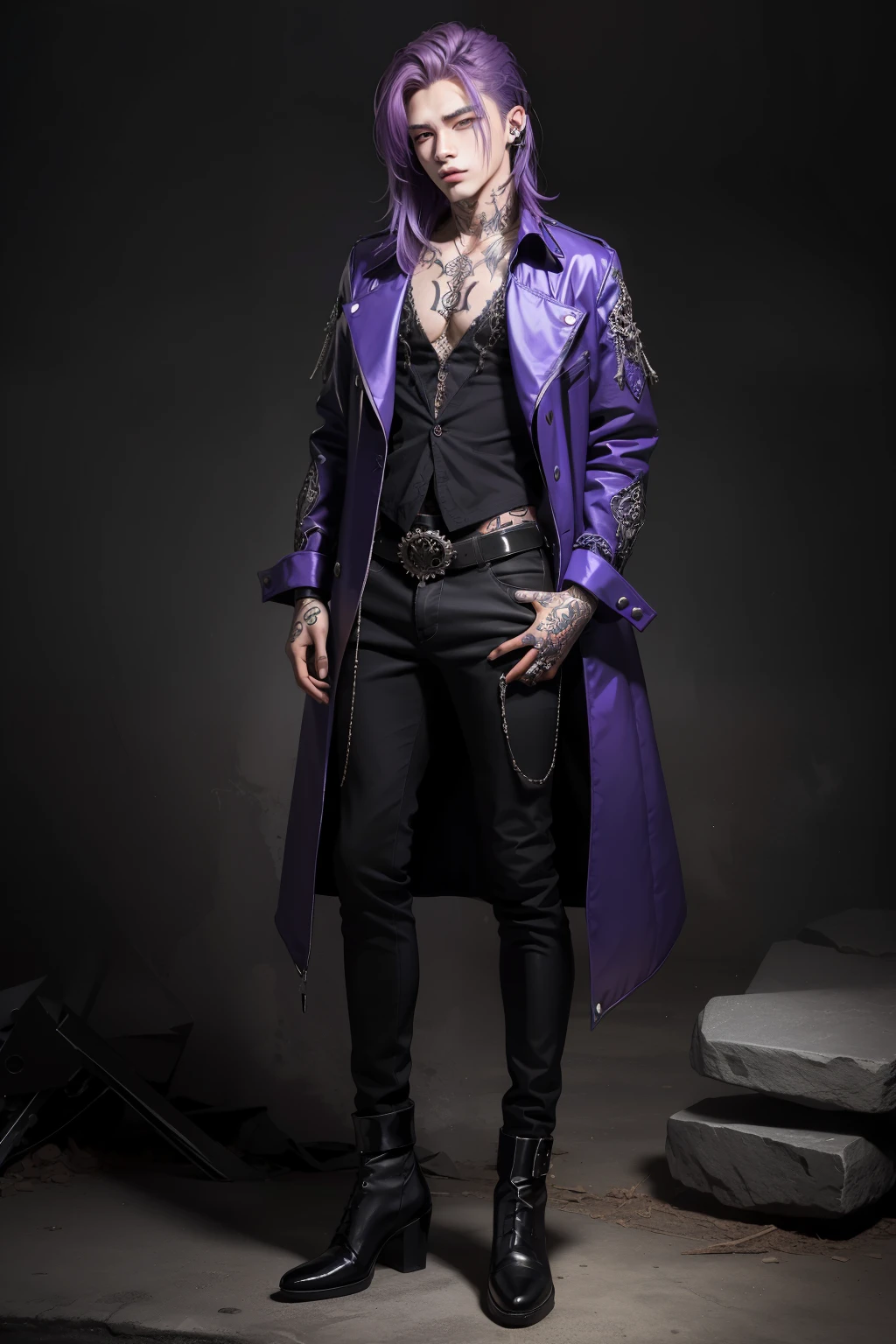Handsome man, 18 years old, kei visual style, tattoos, gothic clothing, male, rock style, purple hair, half body, perfect face, full body