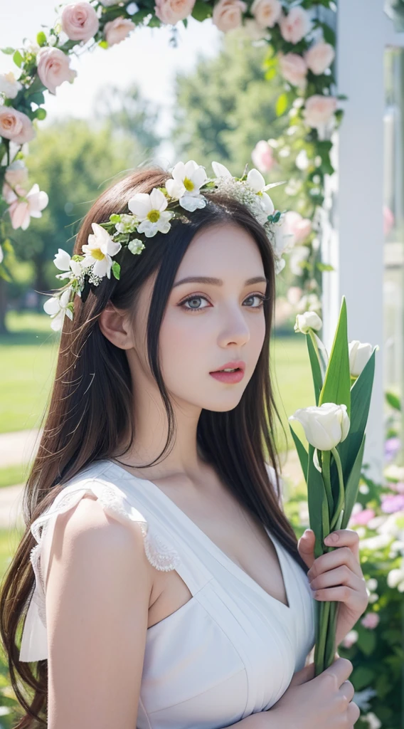 a close up of a woman in a white dress standing in front of a flowered arch, angelawhite, viktoria gavrilenko, violet myers, lovely woman, anna nikonova aka newmilky, serena malyon, alina ivanchenko, ekaterina, in white clothes, kailee mandel, yelena belova, russian girlfriend