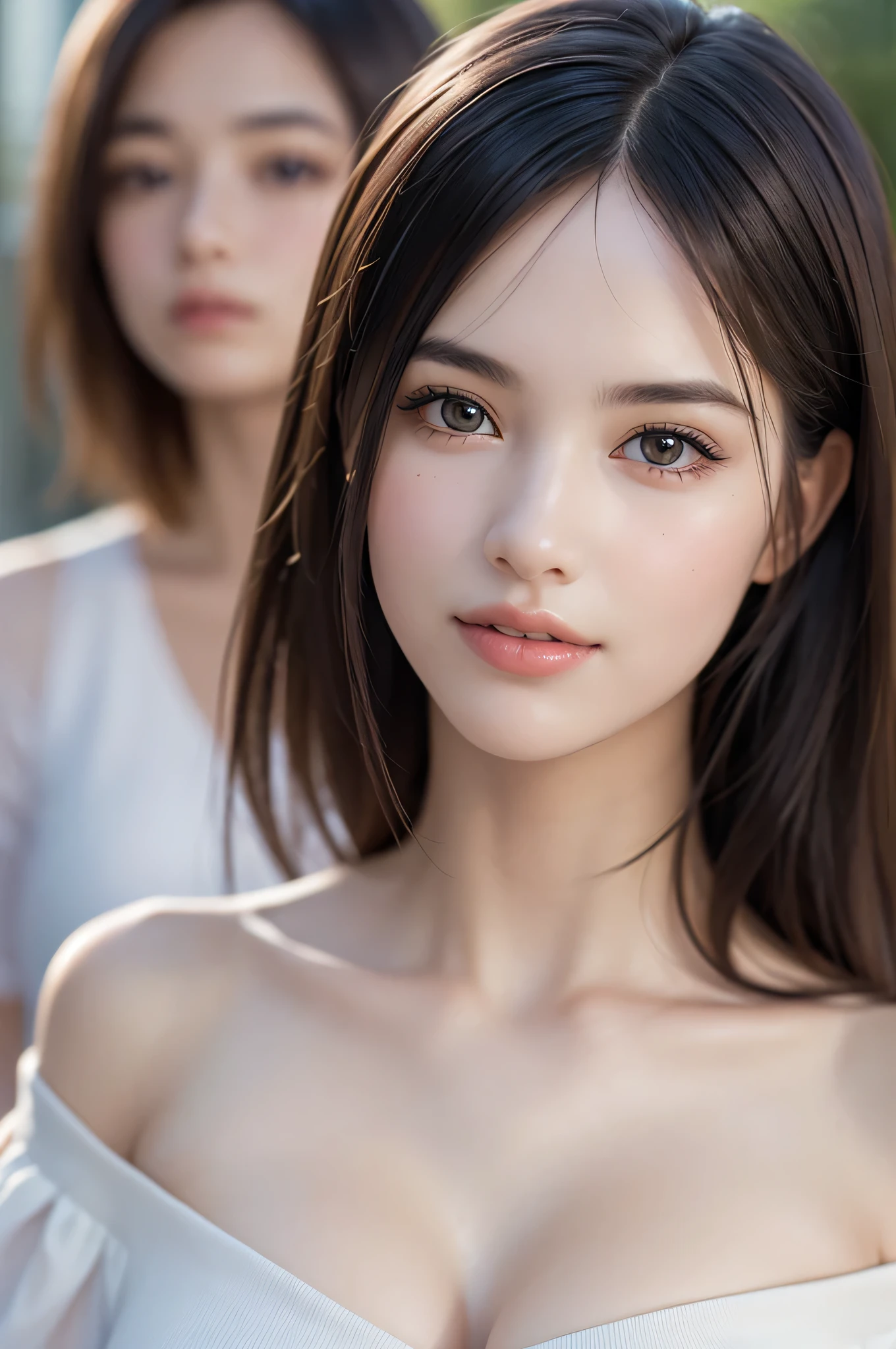 (2girls:1.3), (Ultra Realistic, hight resolution), (Highly detailed eyes, Highly detailed hair, Highly detailed face, Highly detailed plump lips), (off shoulder with open breasts), breasts, Upper body, Search Smile, (Best Quality:1.4), Raw photo, (Realistic, photo-Realistic:1.37), Professional Photography, Cinematic Light, (Fine face: 1.2), (View from above),