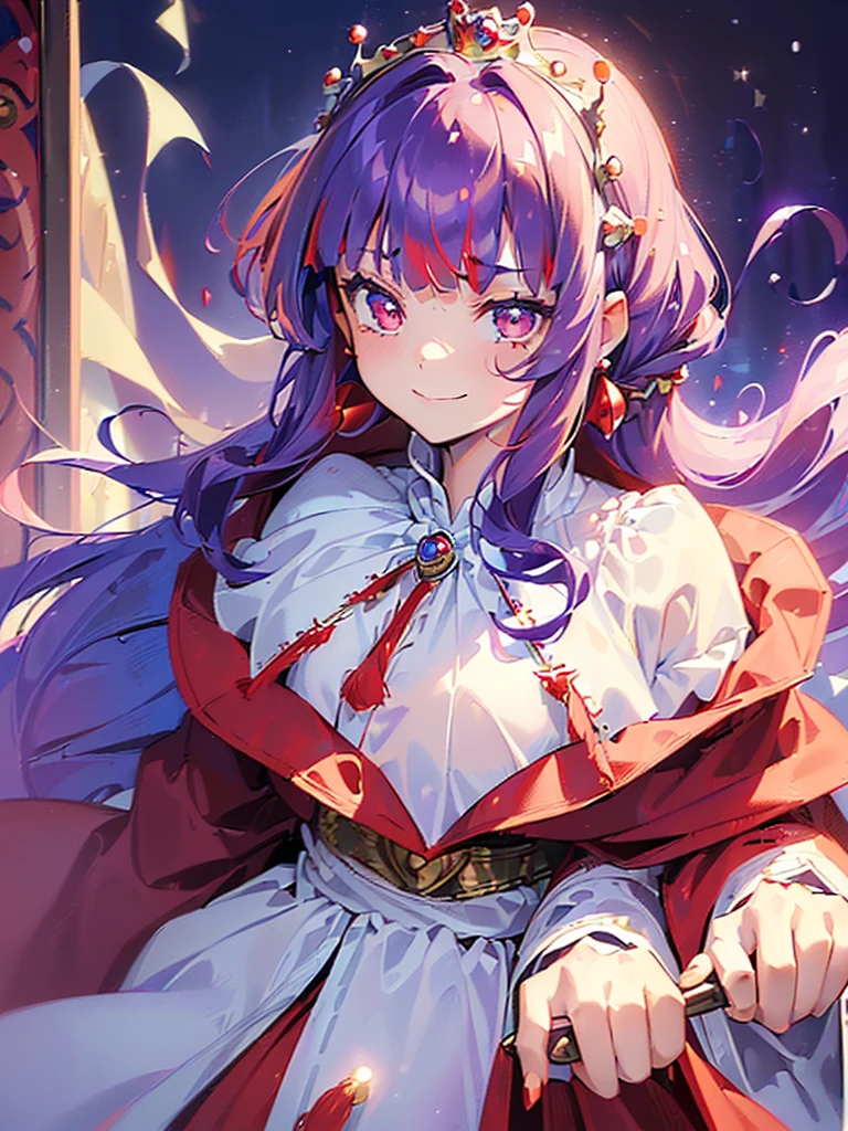 ((((Princess of Moonberg)))), ((1little girl)), 13years, ((drooing eyes)),(((deep purple hair))), ((Blunt bangs)), (Fluffy long hair), (Deep red eyes), Pearl earrings,
((((red hood)))), (Lotto emblem on hood), (((Red Stall))), ((White robe with red edging)),
full bodyesbian, Super detailed shots, The Magic of Blizzard, a smile, New Year,
