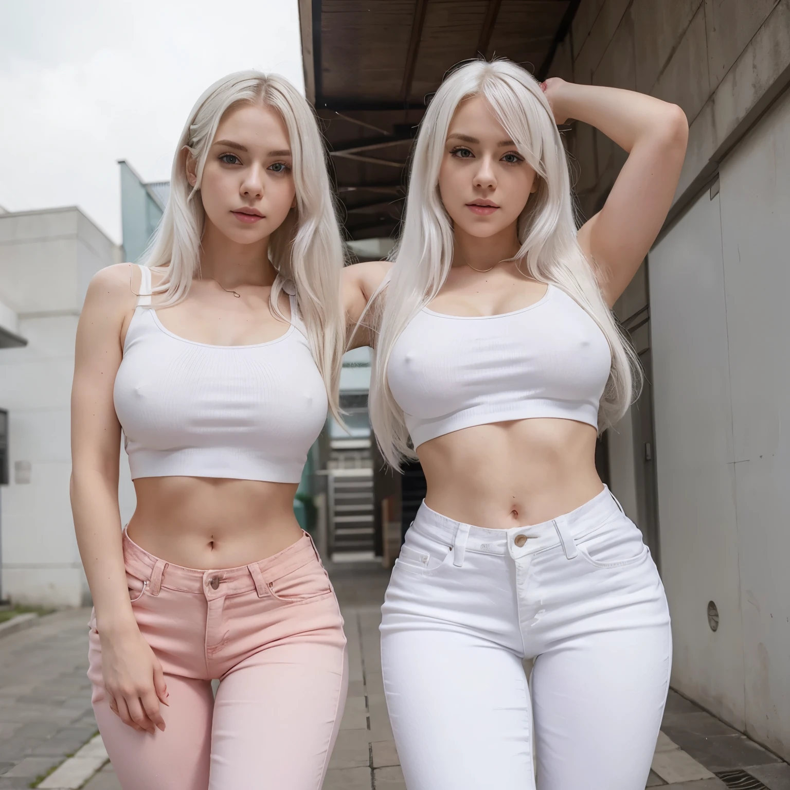 Sexy white hair anime girl with tight jeans and crop top white she is 19 with medium size breasts