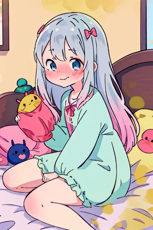 Best Quality, (masutepiece:1.2), Highly detailed, Indoors, Bedroom, on the beds, Izumi Taotong, 1girl in, Solo, Sitting, Upper body, from the front side, Looking at the viewer, Wavy mouth, nose blush, slight smile, Grey Hair, Long hair, multicolored hair, Blue eyes, Pink pajamas,women stink