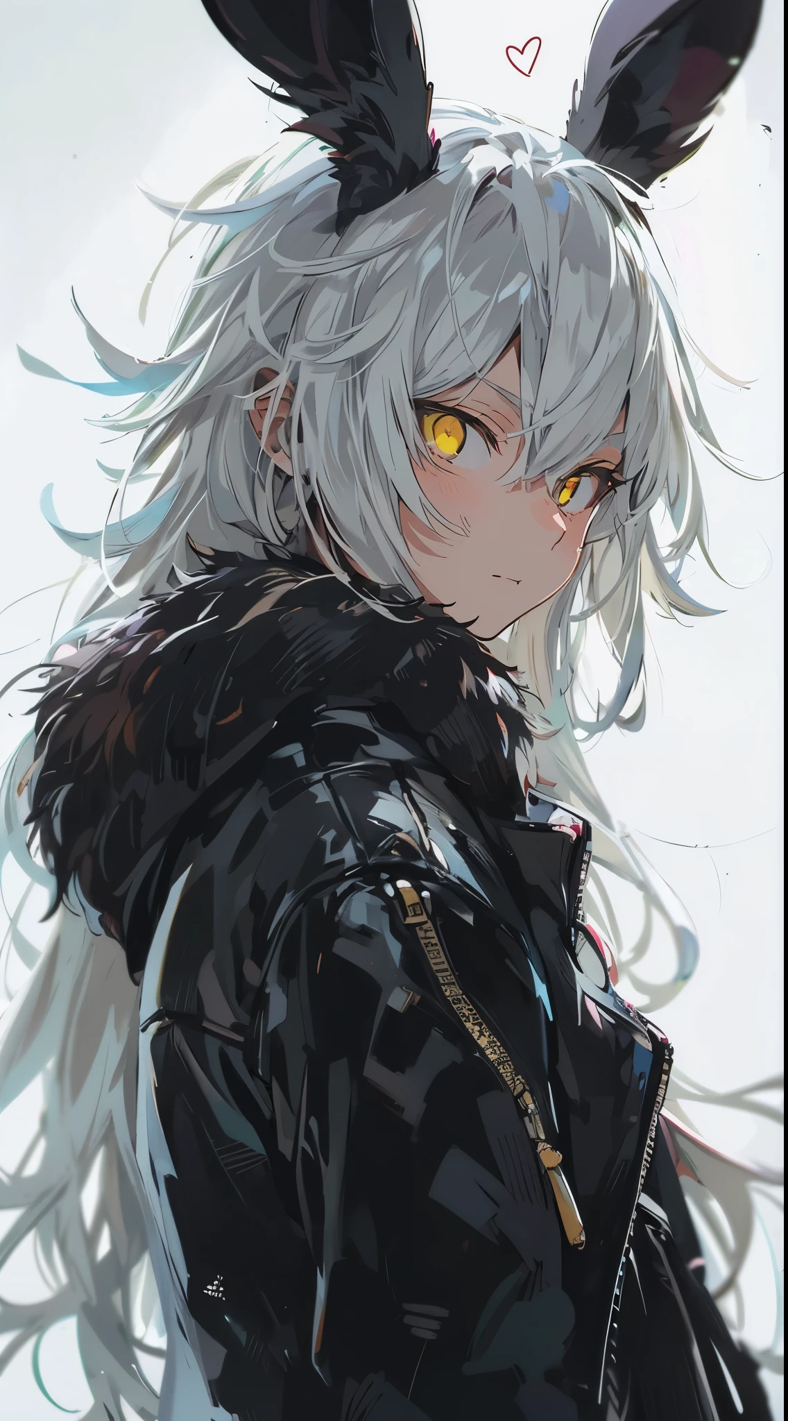 beautiful young male, Man, cool, cool face, (((Japanese anime))),high quality, amount of drawing, pixiv illustration, Beautiful young man, white hair, long hair, yellow eyes, slitted eyes, black rabbit ears, black leather jacket, throwing kisses, winking, heart, white background, cool, masculine, handsome