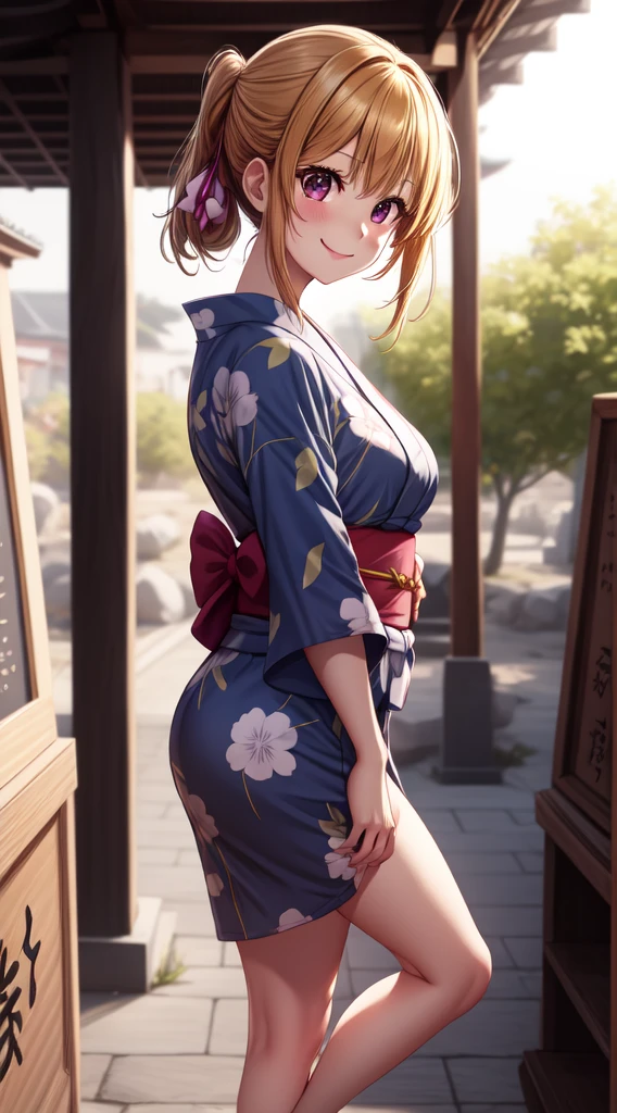 anime, beautiful face, highly detailed face, 2 accurate legs detailed eyes, highly detailed background, perfect lighting, accurate arms, perfect hands, accurate fingers, perfect feet, full body, 1girl, solo, ruby hoshino, oshi no ko, outdoors, absurdres, high res, ultrasharp, 8K, masterpiece, elegant pose, teasing smile, wearing a yukata, beautiful yukata, at a shrine, at a shrine to make a offering, side profile, side angle