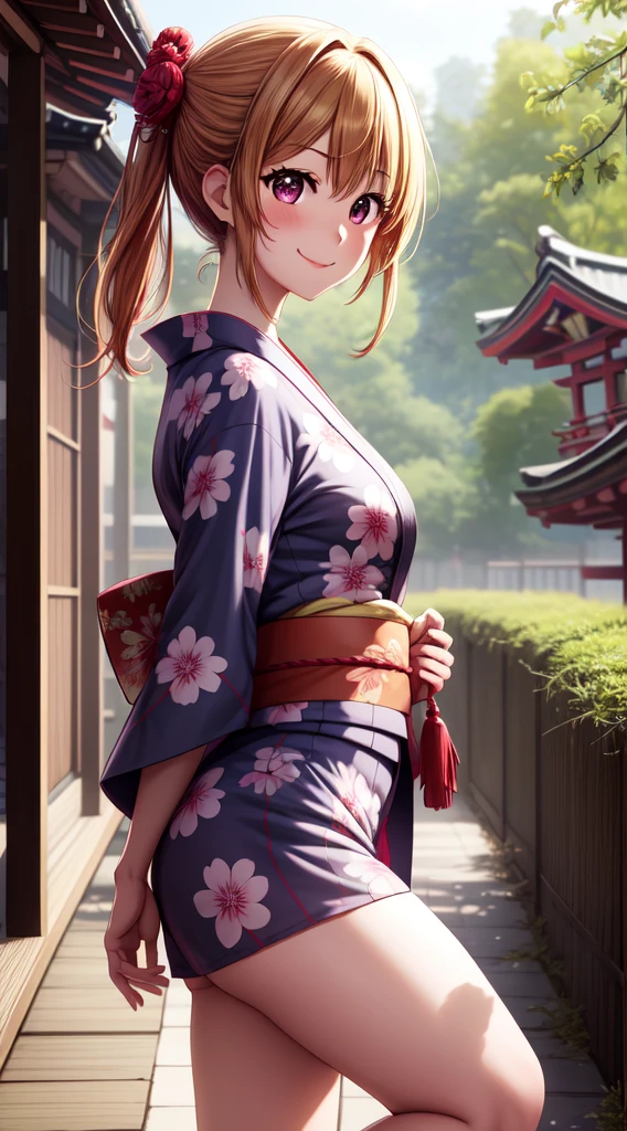anime, beautiful face, highly detailed face, 2 accurate legs detailed eyes, highly detailed background, perfect lighting, accurate arms, perfect hands, accurate fingers, perfect feet, full body, 1girl, solo, ruby hoshino, oshi no ko, outdoors, absurdres, high res, ultrasharp, 8K, masterpiece, elegant pose, teasing smile, wearing a yukata, beautiful yukata, at a shrine, at a shrine to make a offering, side profile, side angle