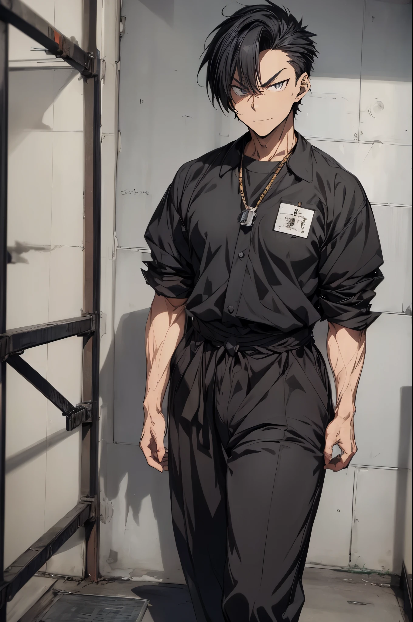 (flat color:1.1),(masterpiece:1.2), best quality, masterpiece, original,short black spiky hair, (mature handsome anime man looking at the camera with a smug expression:1.2), wearing prison uniform, convicted felon