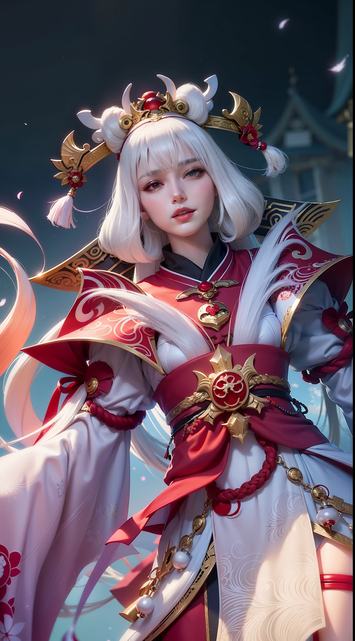 a close up of a woman with a white hair and a red and white outfit, onmyoji detailed art, onmyoji portrait, onmyoji, beautiful celestial mage, white haired deity, ne zha from smite, portrait knights of zodiac girl, heise jinyao, extremely detailed artgerm, astri lohne, inspired by Ju Lian