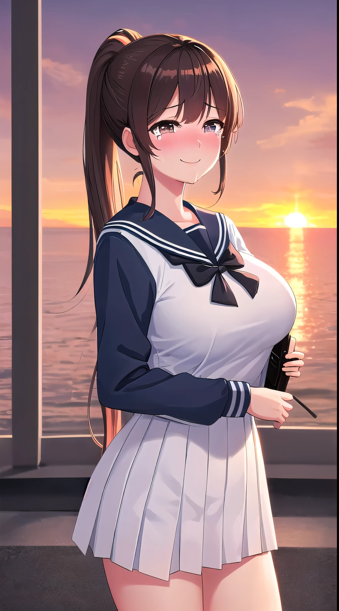 (best quality:1.5, highres, UHD, 4K, detailed lighting, shaders, HDR), black long ponytail, large breasts, sailor school uniform, long sleeve, pov, close shot, smiling, tears:1.1, blushing:1.3, sunset background, standing