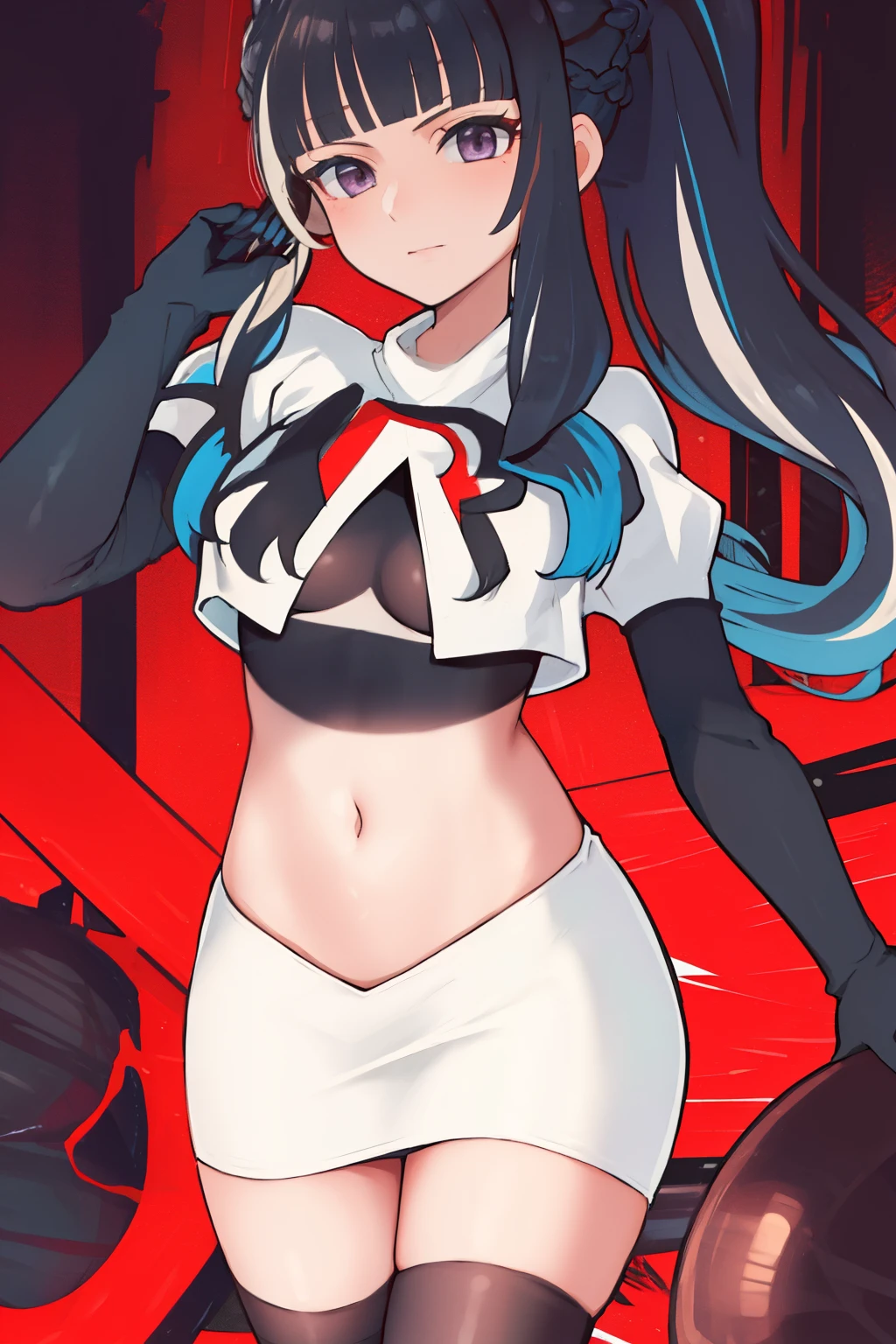 best quality, masterpiece, highres, solo, {tlaloc_fgo:1.15}, bangs, black_hair, blue_hair, multicolored_hair, long_hair, hat, breasts, jewelry, streaked_hair, black_eyes, 1girl, hair_ornament, looking_at_viewer, two-tone_hair, ponytail, makeup, team rocket,team rocket uniform,white skirt,red letter R,crop top,black thigh-highs,black elbow gloves,
