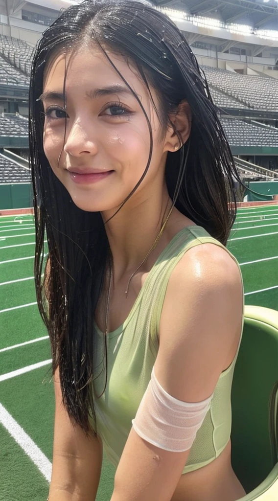 1人の女性、8k、RAW Photography、(top-quality、masterpiece、intricate detailes: 1.4)、(realisitic、フォトreallistic: 1.3)、(reallistic: 1.3)、フォトreallistic、 Female track and field athletes in Japan、((rainy days))、((Woman on track in stadium:1.8))、(Beauty like an actress in Japan)、(Heavy rain)、((Tank top for a sheer track and field team))、(Tank top of the track and field team in light color)、(Tank top of the track and field team that gets wet from the rain and shows through the skin)、Track and field team tank top that sticks to the skin wet from the rain、Wet colored bloomers、(wetting hair)、(Wet bangs)、wetted skin、(nipple protrusions that can be seen through)、(Detailed nipples) 、30-years old、(Small face:1.5)、(tense look)、Light makeup、Thin eyebrows、 detailed and beautiful faces、A detailed eye、(Tear bag:1.5)、detailed finger、detailed legs、Detailed skin、medium chest、Lustrous hair、Lustrous skin、Wet and drippy hair、Wet and drippy skin、Tank top of the track and field team with wet and dripping water、Beautiful thighs、Well-formed mouth、No mask、a smile