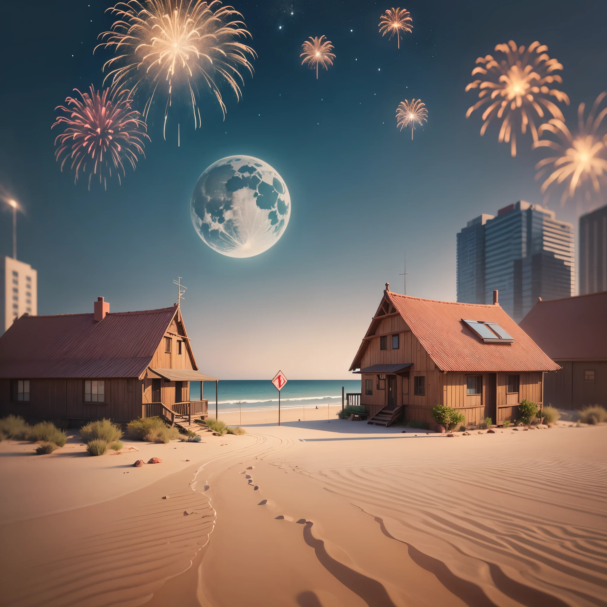 create an end of year image on a beach, with buildings using voxel art, HD,, with fireworks seed:15995307 seed:16670668 --auto --s2