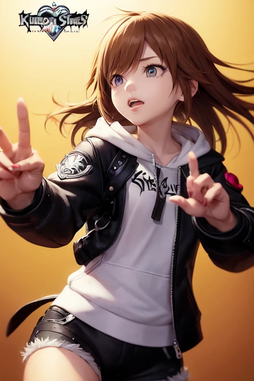 Kingdom Hearts Inspired, Kingdom Hearts clothing Birth by Sleep design, Kingdom Hearts Ventus Inspired, Kingdom Hearts Aqua Inspired, Kingdom Hearts Terra Inspired, Astrology inspired Design, Female, young female, teenager, young teen, pale olive skin, brown hair, messy hair, long hair, hazel eyes, tired eyes, Action pose, Fighting pose, Kingdom Hearts inspired pose, Kingdom Hearts Keyblade, Astrology inspired Keyblade, Loose Jacket, Baggy Jacket