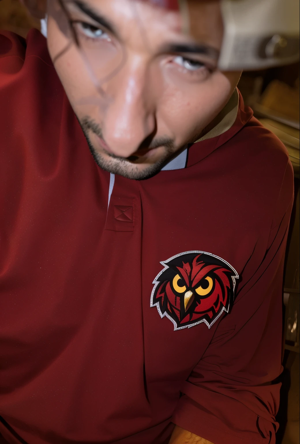 arafed man with a red shirt and a red owl on his shirt, over-shoulder shot, wearing a patch over one eye, over-the-shoulder shot, photo mid shot, high res photo, closeup!!, mid shot photo, portrait shot, mid shot portrait, focused shot, full subject shown in photo, closeup photo, detailed portrait shot