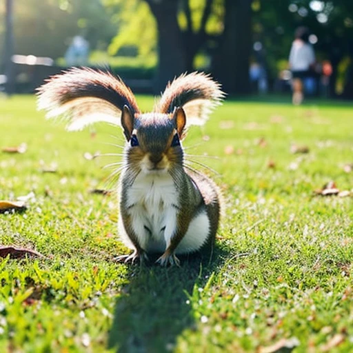 Cute little girl、Fairy-like、Park on a sunny day、Baby squirrel nearby