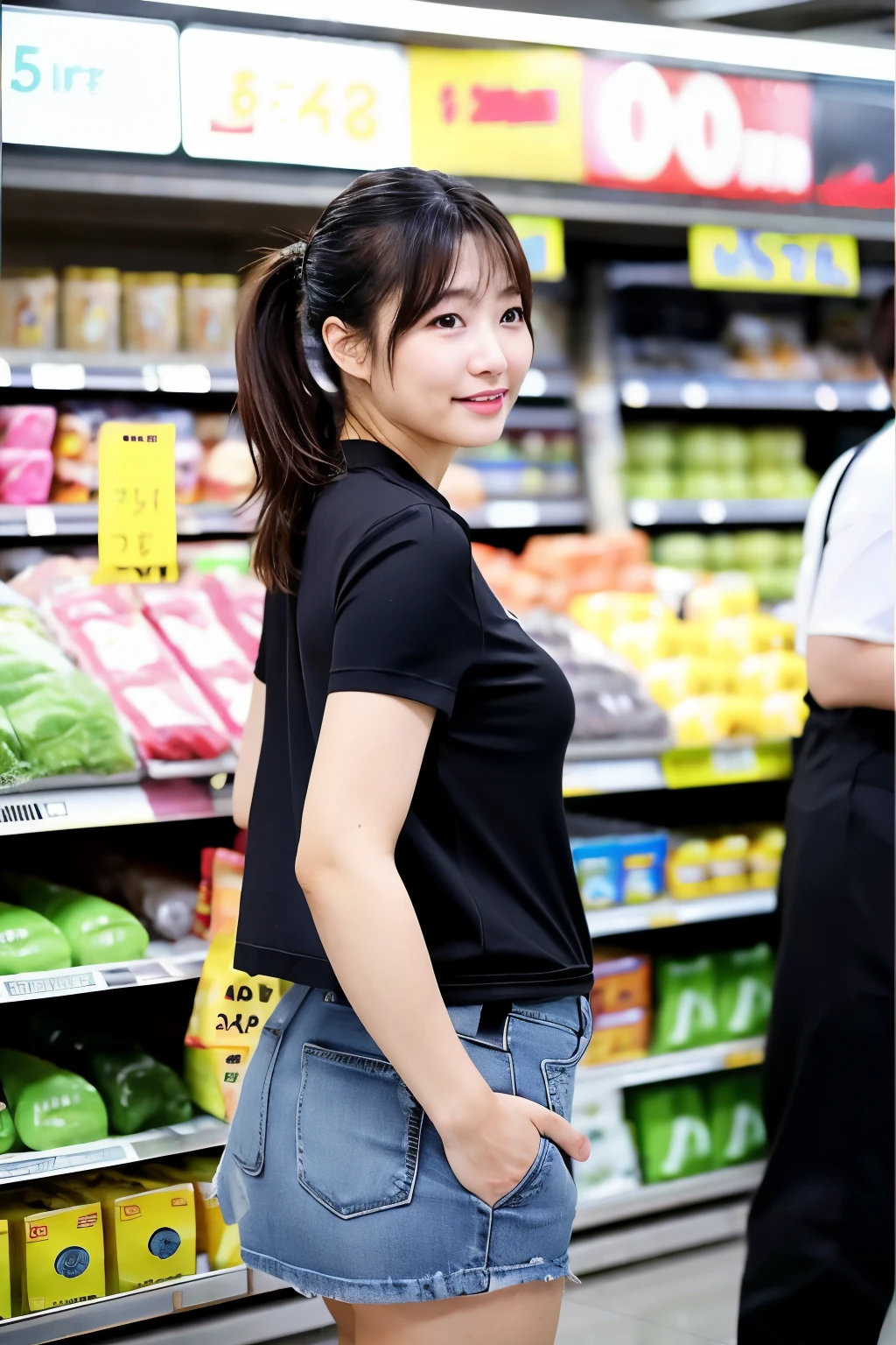 Work in a supermarket、japanes、４５age、One woman、squtting figure、Rear view、Carrying luggage、Short sleeve workwear、Hit the cash register、a miniskirt