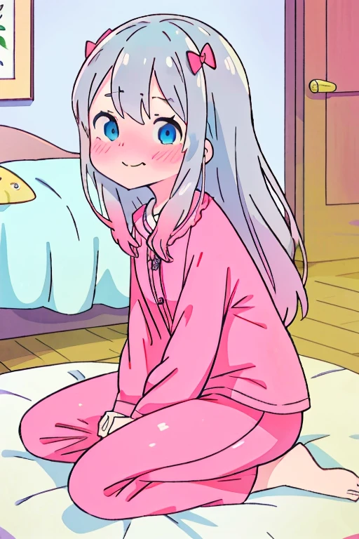 Best Quality, (masutepiece:1.2), Highly detailed, Indoors, Bedroom, on the beds, Izumi Taotong, 1girl in, Solo, Sitting, Upper body, from the front side, Looking at the viewer, Wavy mouth, nose blush, slight smile, Grey Hair, Long hair, multicolored hair, Blue eyes, Pink pajamas,women stink