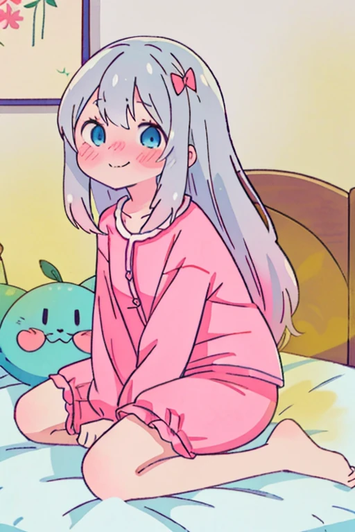 Best Quality, (masutepiece:1.2), Highly detailed, Indoors, Bedroom, on the beds, Izumi Taotong, 1girl in, Solo, Sitting, Upper body, from the front side, Looking at the viewer, Wavy mouth, nose blush, slight smile, Grey Hair, Long hair, multicolored hair, Blue eyes, Pink pajamas,women stink