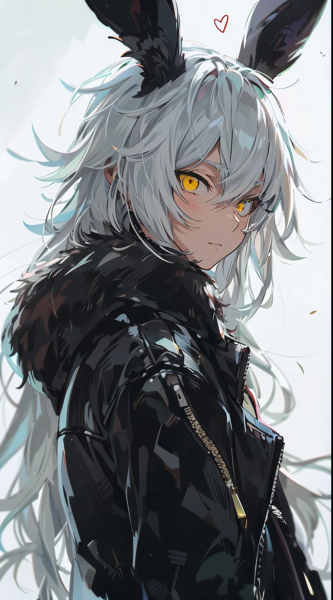 beautiful young male, Man, cool, cool face, (((Japanese anime))),high quality, amount of drawing, pixiv illustration, Beautiful young man, white hair, long hair, yellow eyes, slitted eyes, black rabbit ears, black leather jacket, throwing kisses, winking, heart, white background, cool, masculine, handsome
