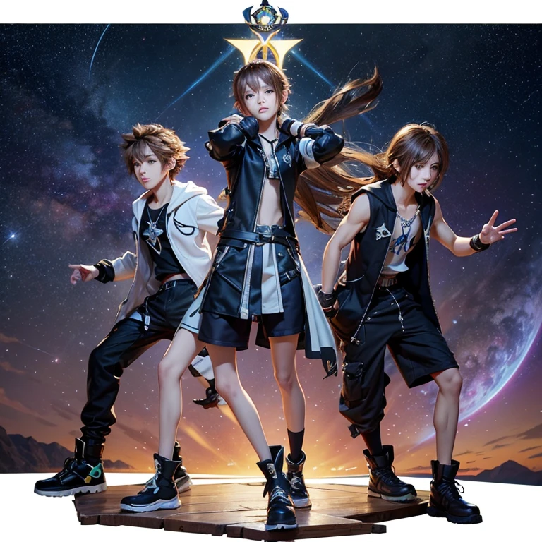 Kingdom Hearts Inspired, Kingdom Hearts clothing Birth by Sleep design, Kingdom Hearts Ventus Inspired, Kingdom Hearts Aqua Inspired, Kingdom Hearts Terra Inspired, Astrology inspired Design, Female, young female, ager, young teenle olive skin, brown hair, messy hair, long hair, hazel eyes, tired eyes, Action pose, Fighting pose, Kingdom Hearts inspired pose, Kingdom Hearts Keyblade, Astrology inspired Keyblade, Loose Jacket, Baggy Jacket