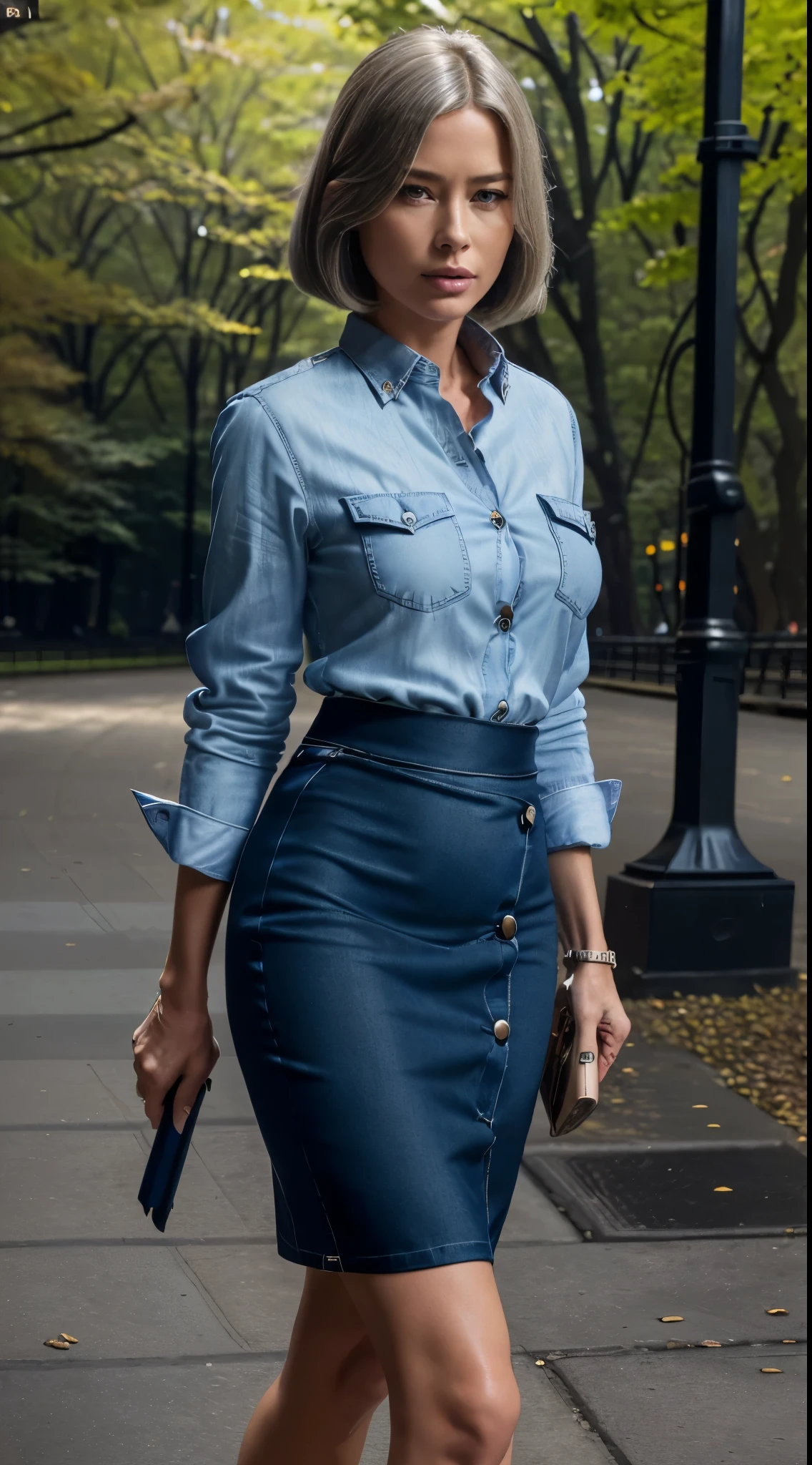 RAW photo of 50 years old Doutzen Kroes, mature woman, masterpiece, best quality, (photorealistic:1.4), full body, (blue casual button up long shirt:1.2) (and (blue midi midi pencil skirt:1.2), bare legs, New York Central Park, cinematic light, beautiful woman, medium breasts, platinum hair, (bob haircut:1.2), wrinkles on the face,