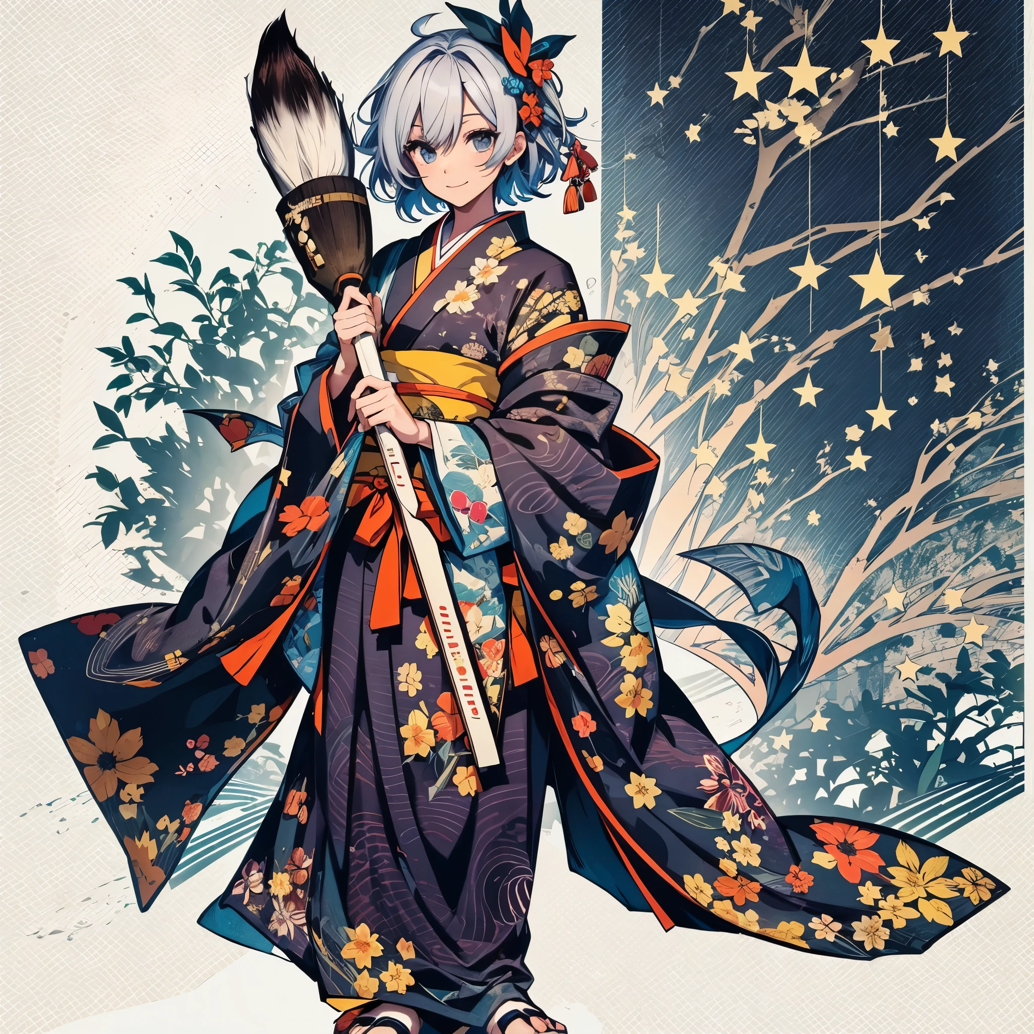 (1 moon)、(((giant brush)))、Full body depiction、Standing alone、Initial、((A woman wearing a colorful kimono))、(Veteran Hero)、(The ultra -The high-definition)、(Bewitching appearance)、Short-cut hair、Colorful Hair Color、A smile、Rin々Right