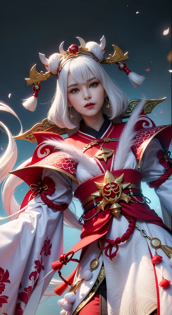 a close up of a woman with a white hair and a red and white outfit, onmyoji detailed art, onmyoji portrait, onmyoji, beautiful celestial mage, white haired deity, ne zha from smite, portrait knights of zodiac girl, heise jinyao, extremely detailed artgerm, astri lohne, inspired by Ju Lian