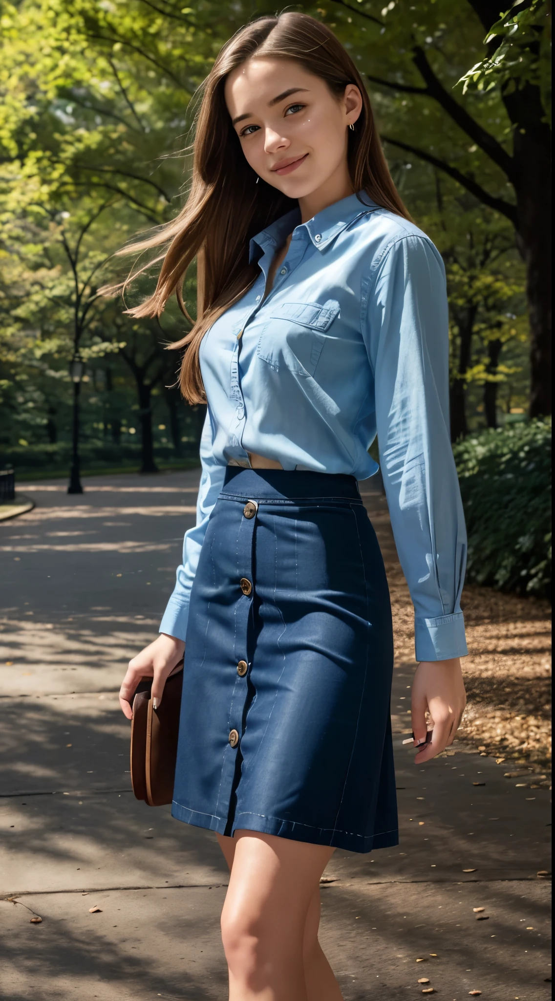 Foto hiperrealista en primer plano de Willa Fitzgerald, masterpiece, best quality, (photorealistic:1.4), full body,  (blue casual button up long shirt:1.2) (and (blue midi midi pencil cotton skirt:1.2), bare legs, New York Central Park, cinematic light, beautiful woman, skinny, small breasts, straight brown hair, detailed face, smile, photo taken from a distance, age 20 tears old