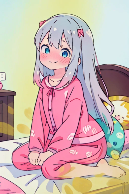 Best Quality, (masutepiece:1.2), Highly detailed, Indoors, Bedroom, on the beds, Izumi Taotong, 1girl in, Solo, Sitting, Upper body, from the front side, Looking at the viewer, Wavy mouth, nose blush, slight smile, Grey Hair, Long hair, multicolored hair, Blue eyes, Pink pajamas,women stink