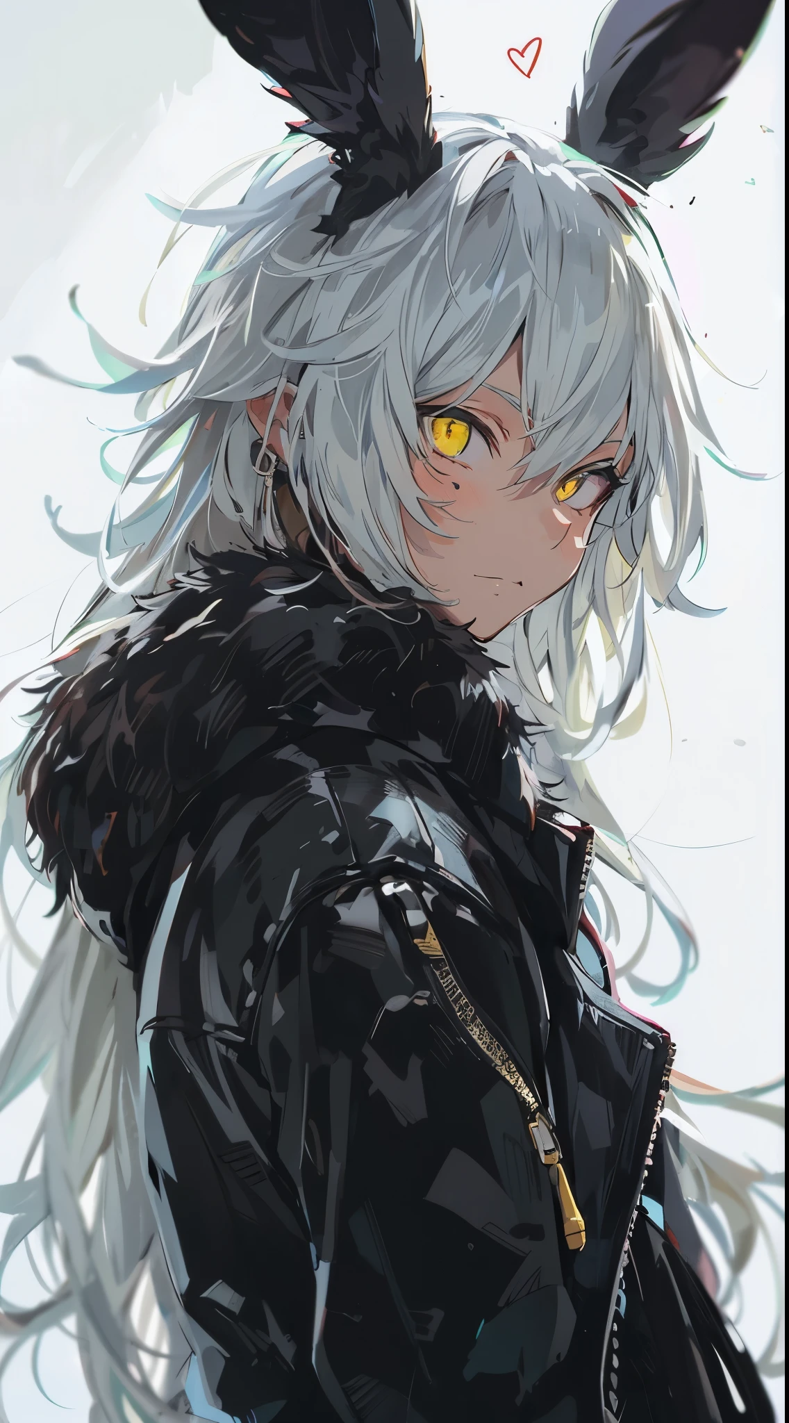 beautiful young male, Man, cool, cool face, (((Japanese anime))),high quality, amount of drawing, pixiv illustration, Beautiful young man, white hair, long hair, yellow eyes, slitted eyes, black rabbit ears, black leather jacket, throwing kisses, winking, heart, white background, cool, masculine, handsome