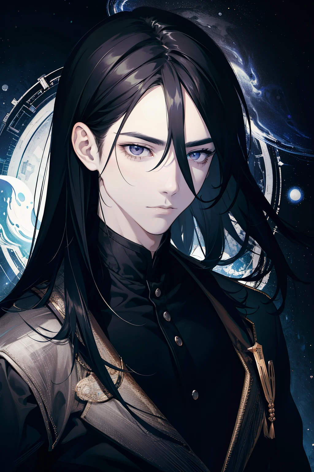 masterpiece, best quality, 1 male, adult, 25 years old, white eyes, Dark hair, long hair, folded forehead, vicious face, Dark theme, in space, front-facing, (upper body)