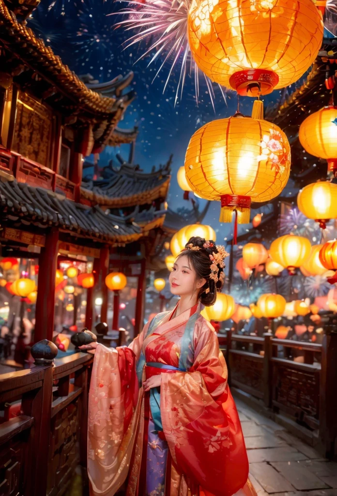 (Faraway view:1.9),The beautiful(Shanghai Yu Garden)Celebrate New Year's Day New Year's Countdown,new year 2024,(fireworks in the night sky:1.8),(((Hanging with many colorful arowana lanterns and decorations))),((Gorgeous Yu Garden)),((Fireworks bloom)),Beautiful reflection of fireworks and lanterns,a joyful atmosphere,((韩国女孩在Shanghai Yu Garden灯会展示她最美的红色汉服时尚舞蹈)),(pedestrians),Psychedelic stage,Ethereal atmosphere, (Anatomically correct, Delicate face makeup , pretty face, The face shape is perfectly proportioned),(Advanced facial details:1.1)A collection of shiny blue luxury Hanfu dresses,Gorgeous Hanfu costumes and Hanfu beauties,真实感,Amazing Cleavage, 电影灯光, Sony FE , wide angles, first person perspective, 8K, hyper HD, tmasterpiece, acurate, ctextured skin, high detal, Best quality at best, Award-Awarded,Shoot from a distance,Sense of distance, hanfu,nsfw