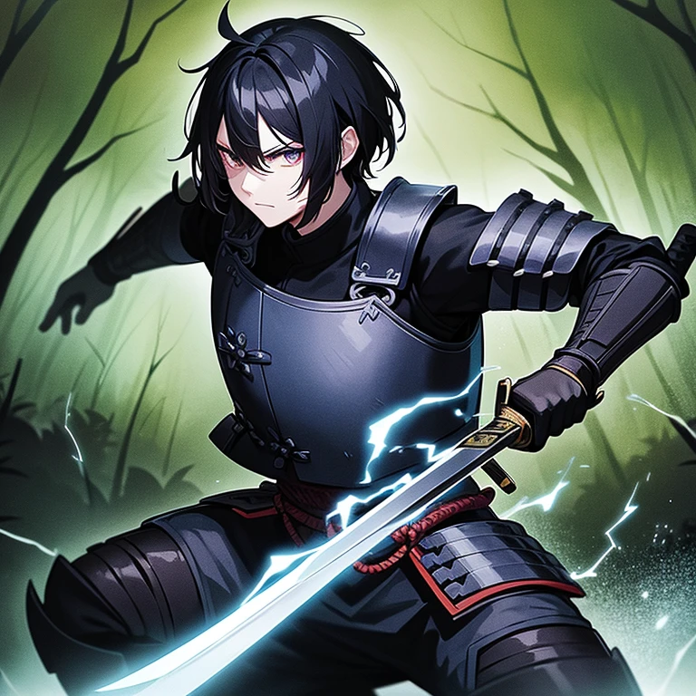 a samurai with black hair wearing dark blue armor and holding a sword in his right hand in a forest in a lightning storm