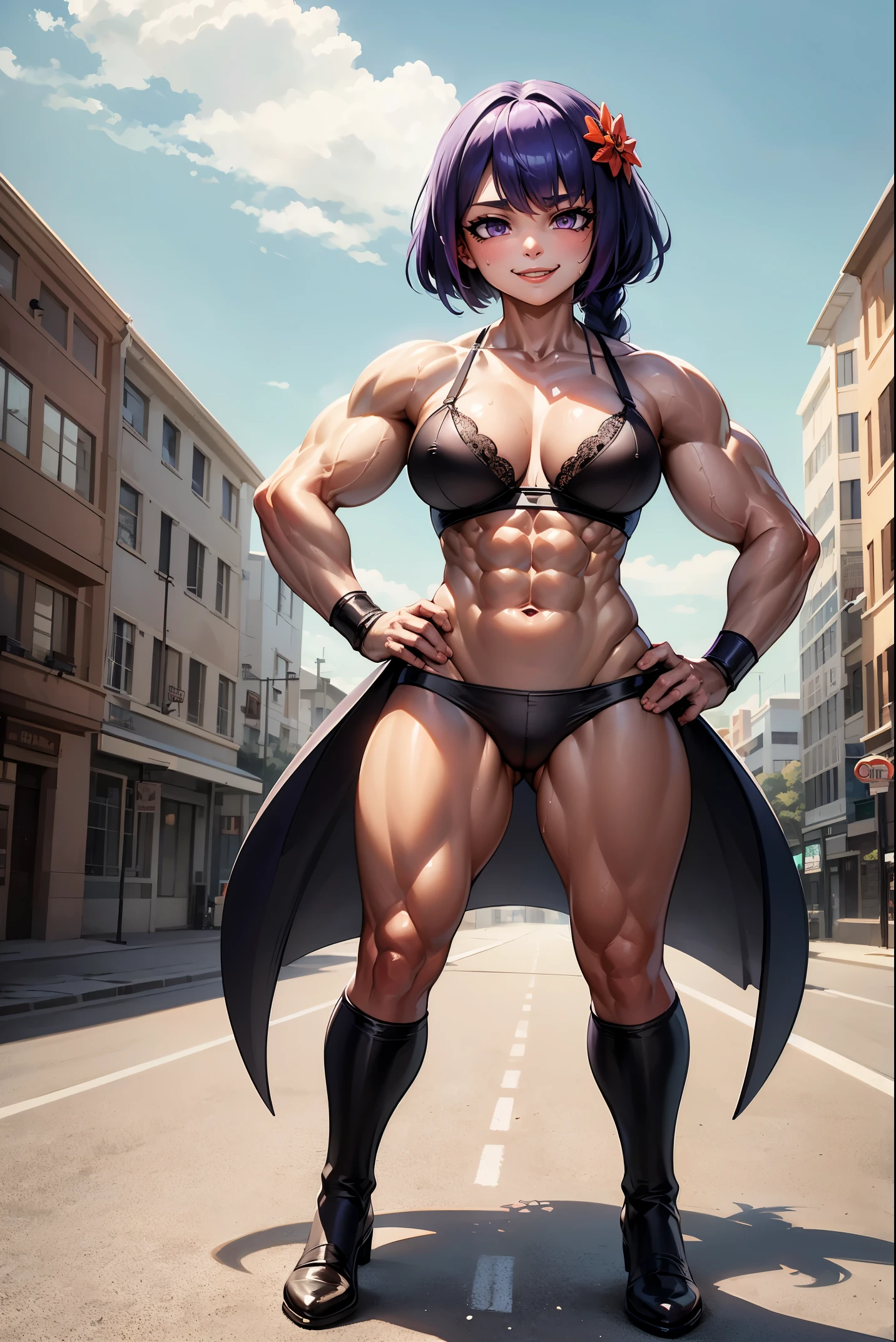 (Masterpiece:1.2), (best quality:1.2), 8k resolution, 1girl, Raiden Shogun, perfect face, purple hair, Genshin Impact, braided ponytail, purple eyes, hair flower, mole under eye, (muscular:1.3), body builder, (sharp details), superior drawn face and body, veins, (defined abs and muscles), cute, expressive eyes, sweat, (full body), (hands on hips:1.2), (front view:1.2), (good lighting:1.5), (good shadow:1.6), (perfect face:1.6), smiling, standing, underwear, bra, city, sunny