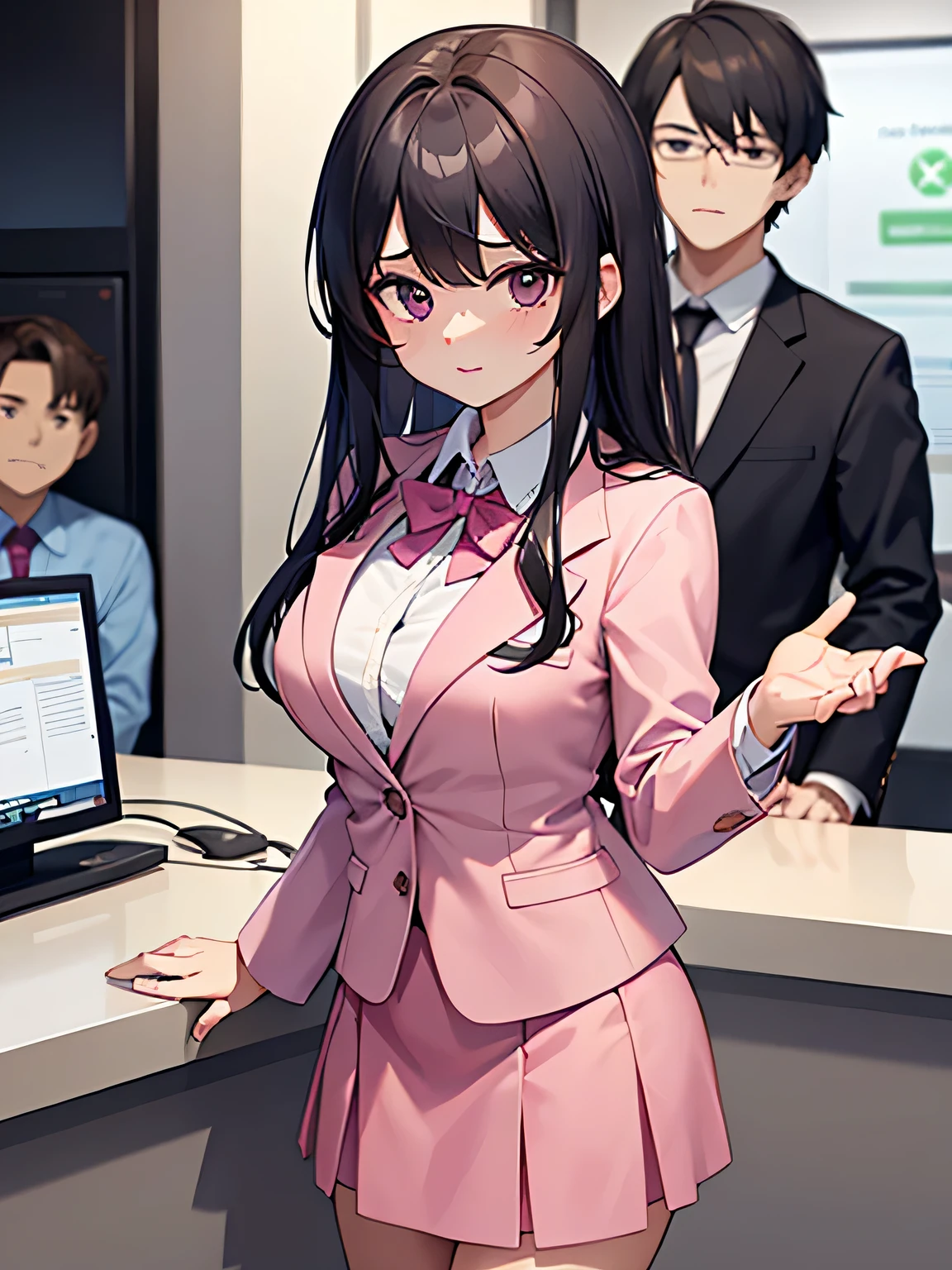 1,the woman is behind the counter、Men are huddled in front of the counter.
2,the woman is the receptionist, She is wearing a pink blazer with pink buttons and a pink skirt.。, And she treats men in a friendly manner.. 3,A man is an employee of a company、I'm dating a receptionist。.
3,One of the men is an employee of the company.、dating a receptionist。.
4,The location is the company's large reception counter., The company logo is written in large letters on the back wall., The counter and walls are white..