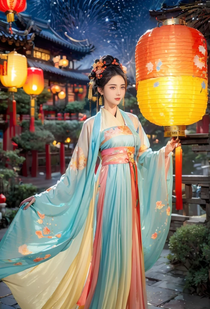 (Faraway view:1.9)，The beautiful(Shanghai Yu Garden)Celebrate New Year&#39;s Day New Year&#39;s Countdown，new year 2024，(fireworks in the night sky:1.8)，(((Hanging with many colorful arowana lanterns and decorations)))，((Gorgeous Yu Garden))，((Fireworks bloom))，Beautiful reflection of fireworks and lanterns，a joyful atmosphere，((韩国女孩在Shanghai Yu Garden灯会展示她最美的红色汉服时尚舞蹈))，(pedestrians)，Psychedelic stage，Ethereal atmosphere, (Anatomically correct, Delicate face makeup , pretty  face, The face shape is perfectly proportioned),（Advanced facial details:1.1）A collection of shiny blue luxury Hanfu dresses，Gorgeous Hanfu costumes and Hanfu beauties，真实感，Amazing Cleavage, 电影灯光, Sony FE , wide angles, first person perspective, 8K, hyper HD, tmasterpiece, acurate, ctextured skin, high detal, Best quality at best, Award-Awarded，Shoot from a distance，Sense of distance, hanfu，nsfw