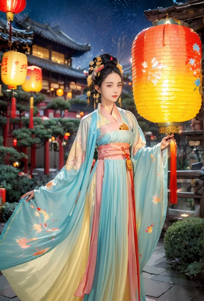 (Faraway view:1.9)，The beautiful(Shanghai Yu Garden)Celebrate New Year&#39;s Day New Year&#39;s Countdown，new year 2024，(fireworks in the night sky:1.8)，(((Hanging with many colorful arowana lanterns and decorations)))，((Gorgeous Yu Garden))，((Fireworks bloom))，Beautiful reflection of fireworks and lanterns，a joyful atmosphere，((韩国女孩在Shanghai Yu Garden灯会展示她最美的红色汉服时尚舞蹈))，(pedestrians)，Psychedelic stage，Ethereal atmosphere, (Anatomically correct, Delicate face makeup , pretty  face, The face shape is perfectly proportioned),（Advanced facial details:1.1）A collection of shiny blue luxury Hanfu dresses，Gorgeous Hanfu costumes and Hanfu beauties，真实感，Amazing Cleavage, 电影灯光, Sony FE , wide angles, first person perspective, 8K, hyper HD, tmasterpiece, acurate, ctextured skin, high detal, Best quality at best, Award-Awarded，Shoot from a distance，Sense of distance, hanfu，nsfw
