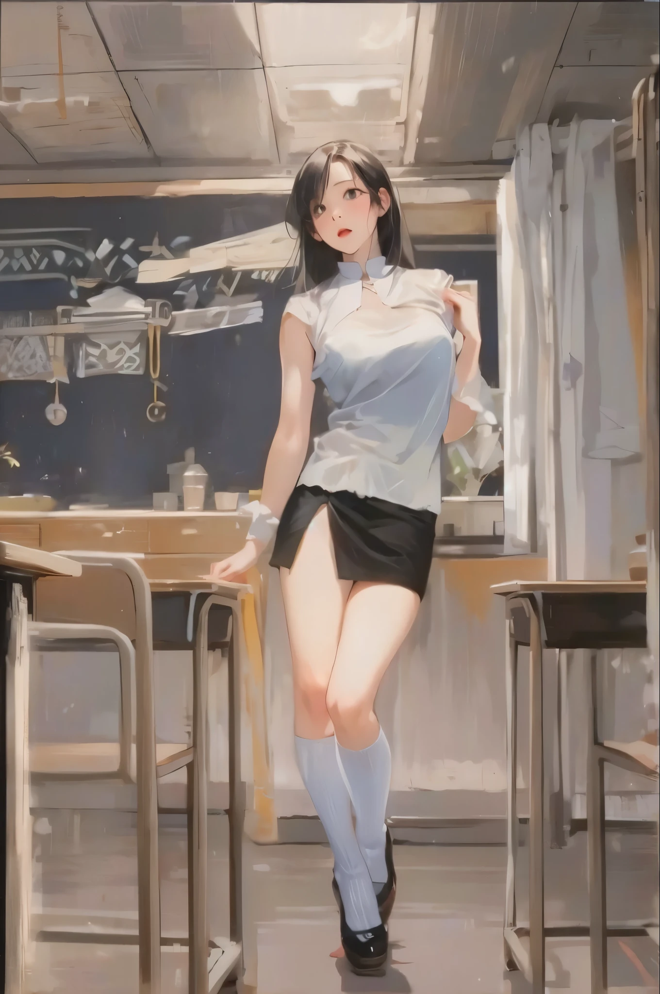 governess、embarassed expression、nipples are raised、skirts that are too short、Raw feet、sandal