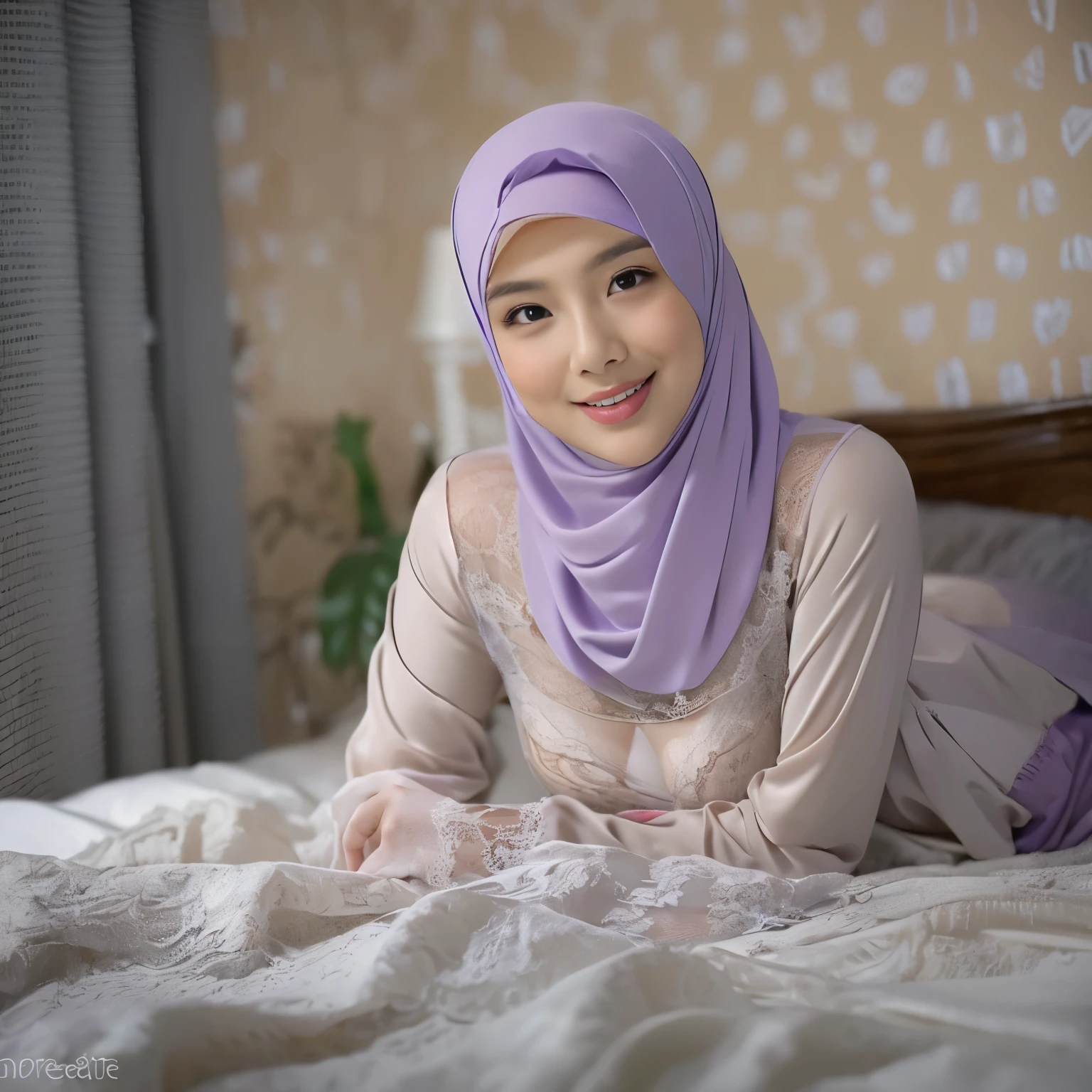 (64k, RAW photo, masterpiecel1.4, realistic, photo-realistic, HD quality, best quality, 8k resolution, 1 beautiful malay girl, ((room background)), ((laying down a bed)), ((sleeping on a bed)), ((face viewing camera)), photo of a women girl with light pink hijab, (lighting), ((big-breasted), ((perfect body)), ((soft smile face)), ((sexy seductive poses)), ((wearing sexy pastel lingerie purple)), ((erotic nipple)), ((milk cum on face))